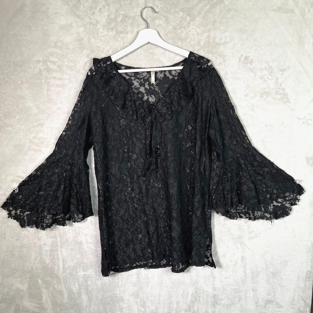 Black Lace Bell Sleeve Womens Sheer L Blouse Top‎ Boho Festival Romantic Y2K USA